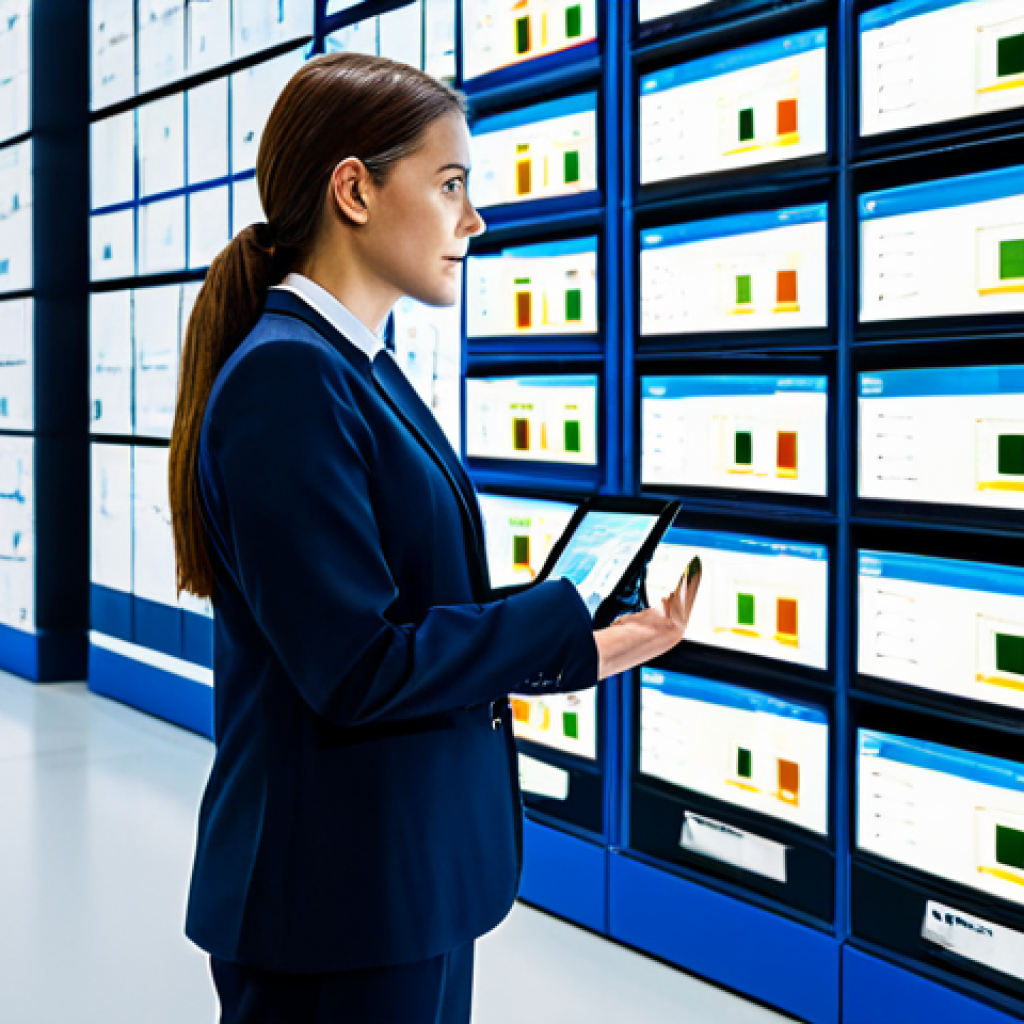A focused female logistics expert in a modest business suit, standing confidently and observing a large, interactive holographic display. The display shows complex data visualizations of supply chain analytics, real-time inventory, and optimized routes. In the background, autonomous mobile robots (AMRs) move efficiently between high-tech shelving, and robotic arms precisely sort packages within a clean, brightly lit, futuristic smart logistics control center. Professional photography, high-resolution, sharp focus, vibrant colors, perfect anatomy, correct proportions, natural pose, well-formed hands, proper finger count, natural body proportions, safe for work, appropriate content, fully clothed, professional.