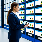 A focused female logistics expert in a modest business suit, standing confidently and observing a large, interactive holographic display. The display shows complex data visualizations of supply chain analytics, real-time inventory, and optimized routes. In the background, autonomous mobile robots (AMRs) move efficiently between high-tech shelving, and robotic arms precisely sort packages within a clean, brightly lit, futuristic smart logistics control center. Professional photography, high-resolution, sharp focus, vibrant colors, perfect anatomy, correct proportions, natural pose, well-formed hands, proper finger count, natural body proportions, safe for work, appropriate content, fully clothed, professional.