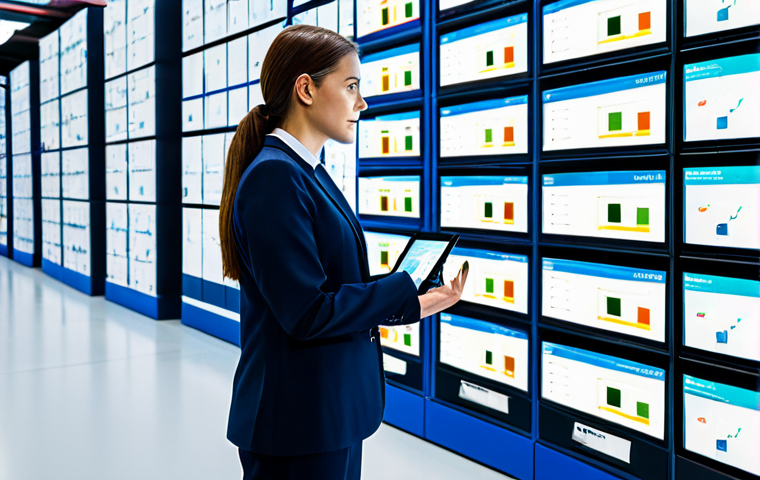 A focused female logistics expert in a modest business suit, standing confidently and observing a large, interactive holographic display. The display shows complex data visualizations of supply chain analytics, real-time inventory, and optimized routes. In the background, autonomous mobile robots (AMRs) move efficiently between high-tech shelving, and robotic arms precisely sort packages within a clean, brightly lit, futuristic smart logistics control center. Professional photography, high-resolution, sharp focus, vibrant colors, perfect anatomy, correct proportions, natural pose, well-formed hands, proper finger count, natural body proportions, safe for work, appropriate content, fully clothed, professional.